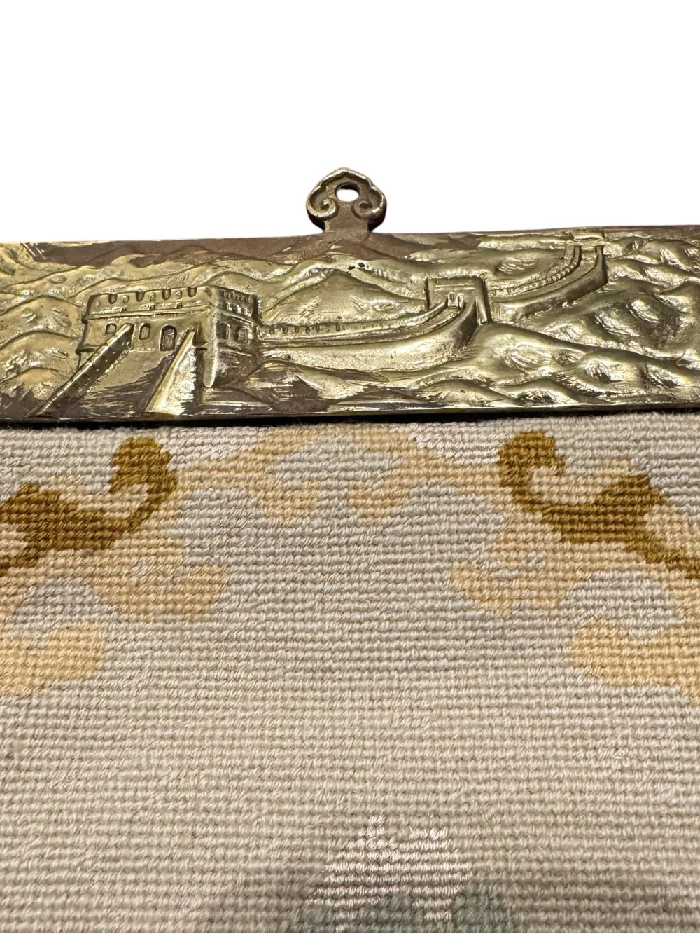 Vintage Asian Chinese Needlepoint Hanging Dragon Wall Art 60”x 7” Tapestry Brass